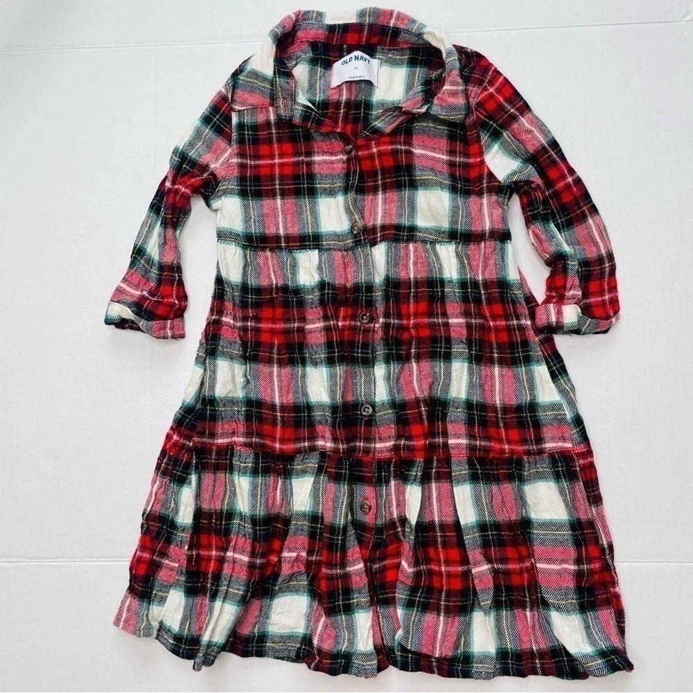 OLD Navy Plaid Button Down Flannel Tiered Dress in Red, Green & White